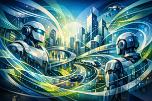AI generated colourful illustration of robots and humans working together
