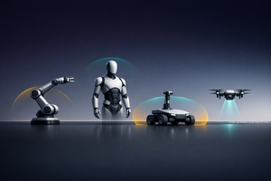 AI generated image of four robots along the horizon