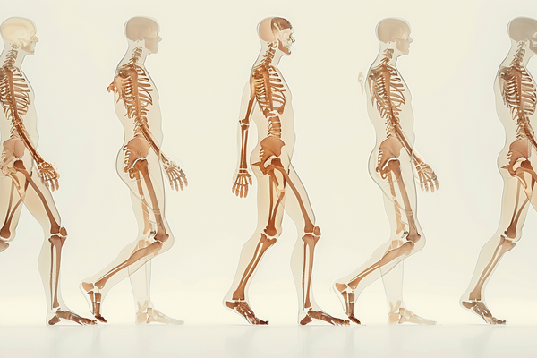 AI generated image of a skeleton walking in five successive steps