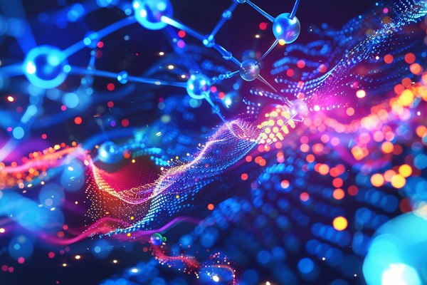 AI generated abstract image of molecules and bright specks of light