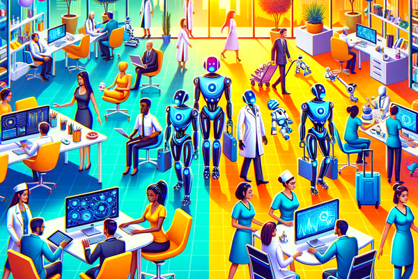AI generated colourful illustration of robots and humans working together