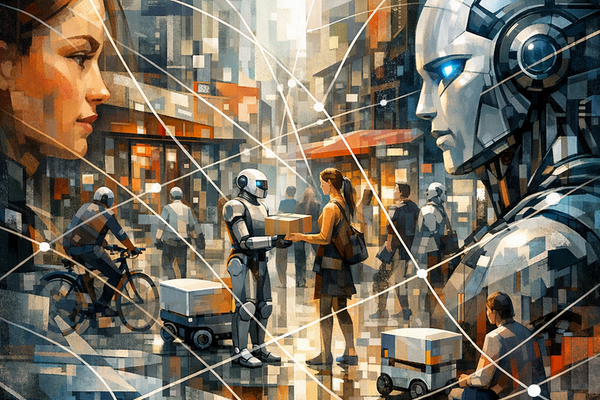 AI generated colourful illustration of robots and humans working together