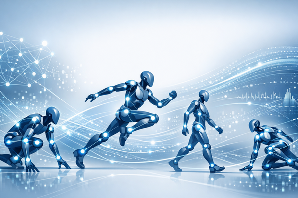 AI generated image of a person running through a blue background with robotic elements