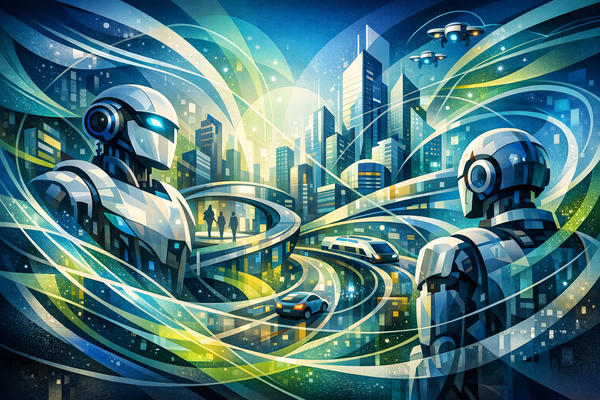 AI generated colourful illustration of robots and humans working together