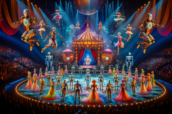 This is an AI generated colourful illustration of a performance with robots and humans on stage