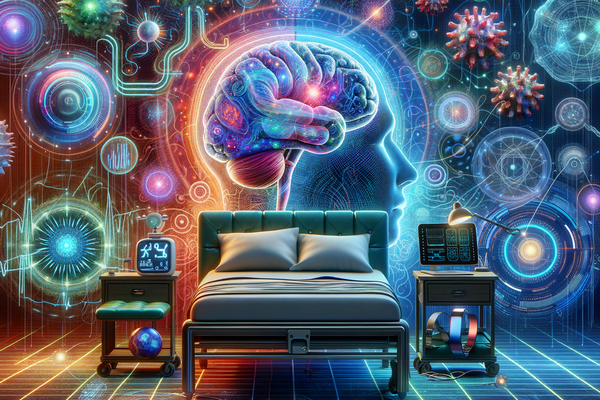 This is an AI generated colourful illustration of a bed room with the back ground of a human head/ brain with images of electronics. 