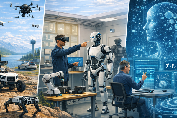 AI generated picture of three pictures one is an drones in the wilderness, humanoid robot in a lab, and an abstract picture of inside a computer with a head thinking.