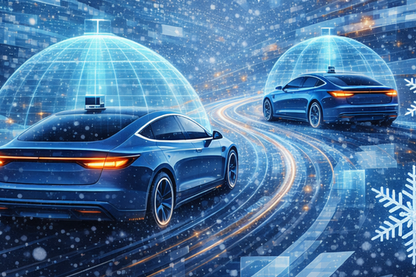 AI generated picture of a winter snow storm with two cards driving. There is Lidar about the cars coming down in a bubble.