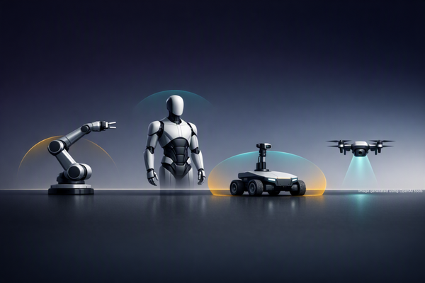 AI generated image of four robots along the horizon