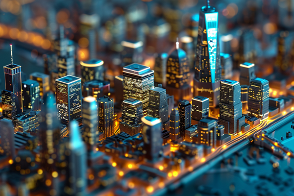 AI generated image of a supercopmuter protecting a city - aerial view of a metropolis at night with short depth of field