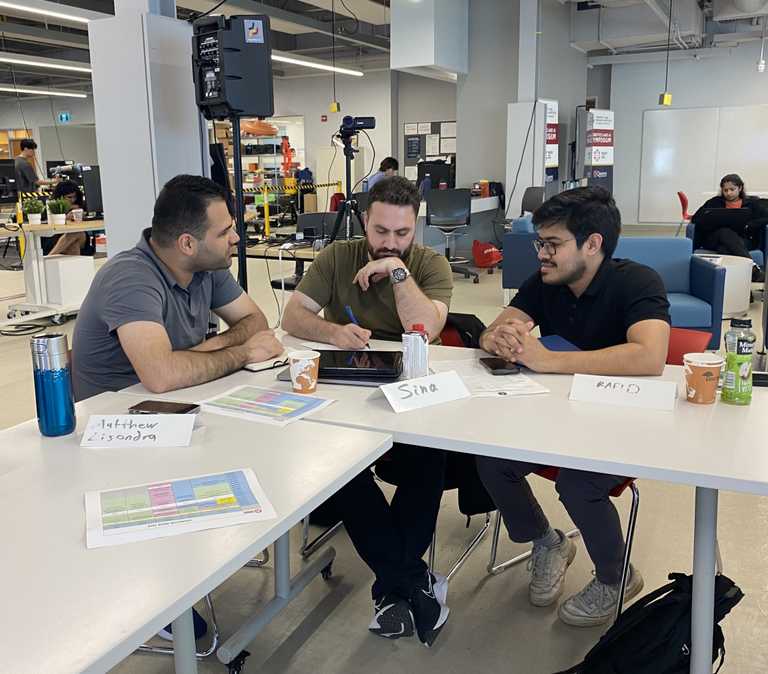 Three students sitting and planning around a table