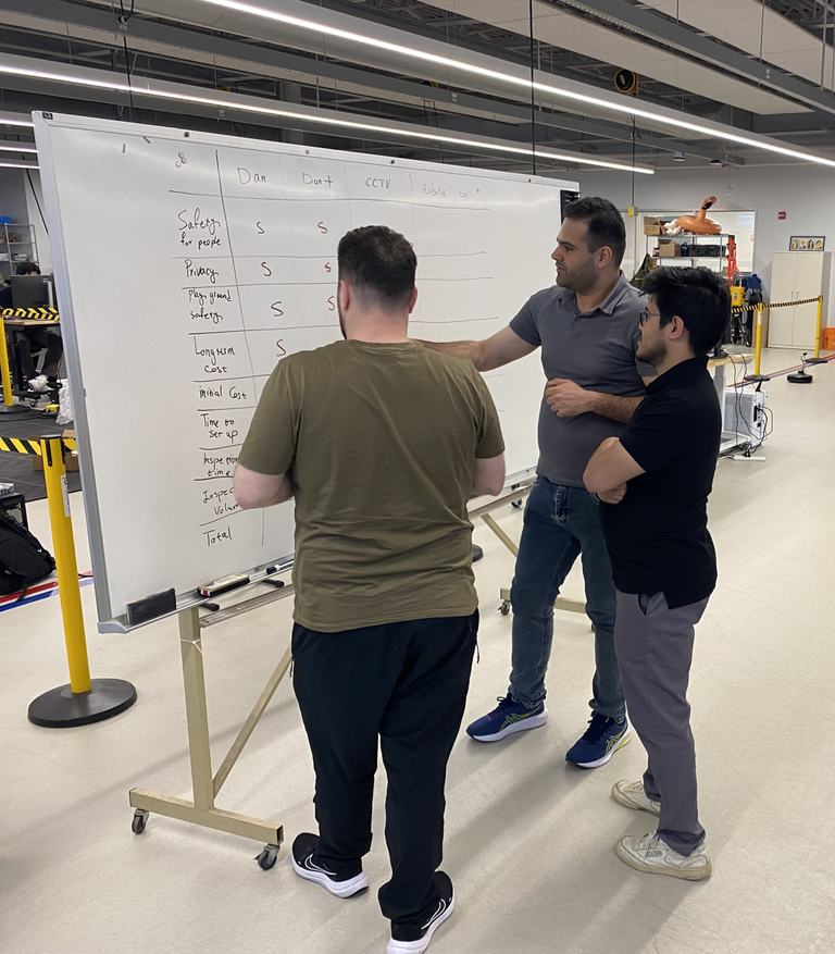Three students writing on a whiteboard