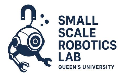 Logo picture showing a round robot with arms with a magnet and small bubbles near the head with the words Small Scale Robotics Lab