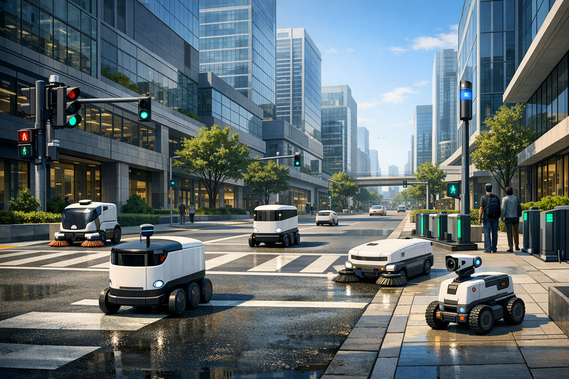 AI generated photo with mobile robots in a city street