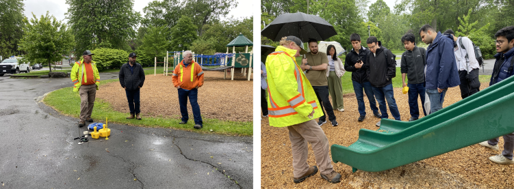 Diptych showcasing ADVENTOR trainees learing about park inspection processes and tools from Kingston City Park inspectors.